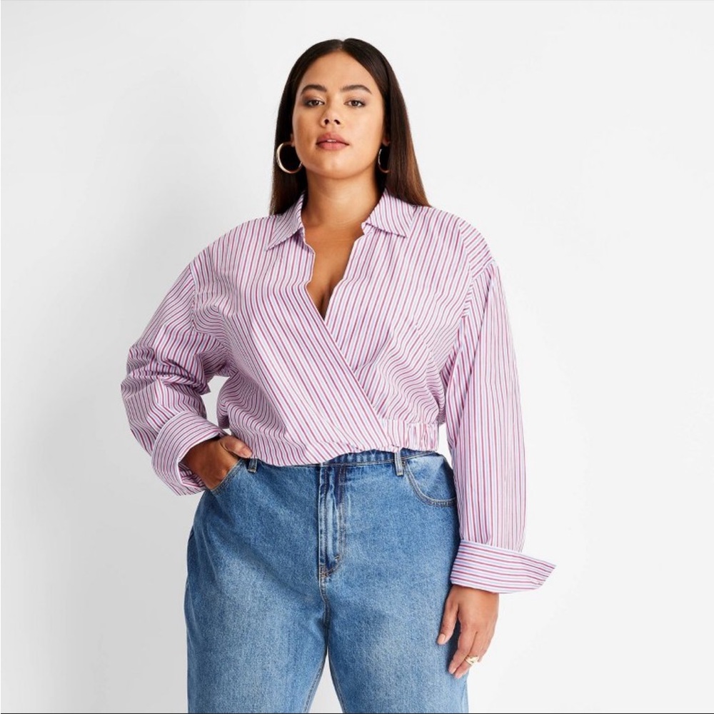 NWT Future Collective Kahlana Barfield Brown Blue/Red Long Sleeve Crop Blouse